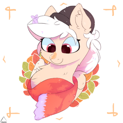 Size: 1300x1300 | Tagged: safe, artist:glazirka, imported from derpibooru, oc, oc only, pegasus, pony, autumn, bust, cheek fluff, chest fluff, clothes, female, hat, leaf, mare, portrait, scarf, smiling, solo