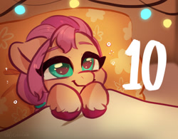 Size: 1640x1277 | Tagged: safe, artist:oofycolorful, imported from derpibooru, part of a set, sunny starscout, earth pony, pony, 10, bed, bust, countdown, cute, female, filly, filly sunny starscout, g5, pillow, portrait, smiling, solo, string lights, sunnybetes, younger