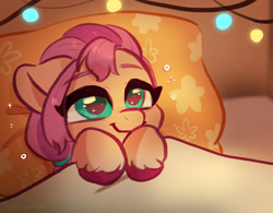 Size: 1640x1277 | Tagged: safe, alternate version, artist:oofycolorful, imported from derpibooru, part of a set, sunny starscout, earth pony, pony, bed, bust, cute, female, filly, filly sunny starscout, g5, pillow, portrait, smiling, solo, string lights, sunnybetes, textless version, younger