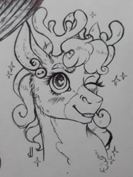 Size: 812x1080 | Tagged: safe, artist:skior, imported from derpibooru, alice the reindeer, deer, reindeer, bust, monochrome, one eye closed, portrait, solo, traditional art, wink