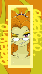 Size: 1080x1920 | Tagged: safe, alternate version, artist:batipin, imported from derpibooru, adagio dazzle, equestria girls, female, glasses, looking at you, one eye closed, smiling, solo, wink, winking at you