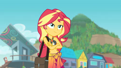 Size: 3410x1920 | Tagged: safe, imported from derpibooru, screencap, sunset shimmer, equestria girls, equestria girls series, forgotten friendship, bare shoulders, beach, belly button, bikini, clothes, crossed arms, cutie mark, cutie mark on clothes, female, geode of empathy, high res, jewelry, magical geodes, midriff, necklace, purse, sarong, sleeveless, smiling, solo, swimsuit