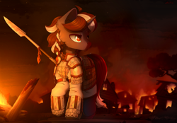 Size: 4000x2776 | Tagged: safe, artist:dipfanken, imported from derpibooru, oc, oc only, oc:procellus, pony, unicorn, armor, braid, fire, house, male, solo, spear, stallion, weapon