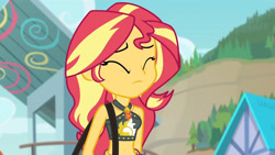 Size: 3410x1920 | Tagged: safe, imported from derpibooru, screencap, sunset shimmer, equestria girls, equestria girls series, forgotten friendship, bare shoulders, beach, belly button, bikini, clothes, cutie mark, cutie mark on clothes, eyes closed, female, geode of empathy, high res, jewelry, magical geodes, midriff, necklace, sarong, sleeveless, solo, swimsuit