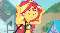 Size: 3410x1920 | Tagged: safe, imported from derpibooru, screencap, sunset shimmer, equestria girls, equestria girls series, forgotten friendship, armpits, bare shoulders, beach, belly button, bikini, clothes, cutie mark, cutie mark on clothes, eyes closed, female, geode of empathy, high res, jewelry, magical geodes, midriff, necklace, sarong, sleeveless, solo, swimsuit