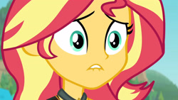 Size: 3410x1920 | Tagged: safe, imported from derpibooru, screencap, sunset shimmer, equestria girls, equestria girls series, forgotten friendship, bikini, close-up, clothes, female, high res, jewelry, lip bite, necklace, solo, swimsuit