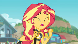 Size: 3410x1920 | Tagged: safe, imported from derpibooru, screencap, sunset shimmer, equestria girls, equestria girls series, forgotten friendship, bare shoulders, beach, belly button, bikini, clothes, cutie mark, cutie mark on clothes, eyes closed, female, geode of empathy, high res, jewelry, magical geodes, midriff, necklace, open mouth, sarong, sleeveless, solo, swimsuit