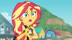 Size: 3410x1920 | Tagged: safe, imported from derpibooru, screencap, sunset shimmer, equestria girls, equestria girls series, forgotten friendship, bare shoulders, beach, belly button, bikini, clothes, cutie mark, cutie mark on clothes, female, geode of empathy, high res, jewelry, magical geodes, midriff, necklace, open mouth, sarong, sleeveless, solo, swimsuit