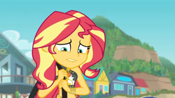 Size: 3410x1920 | Tagged: safe, imported from derpibooru, screencap, sunset shimmer, equestria girls, equestria girls series, forgotten friendship, bare shoulders, beach, belly button, bikini, clothes, cutie mark, cutie mark on clothes, female, geode of empathy, high res, jewelry, lip bite, magical geodes, midriff, necklace, sarong, sleeveless, solo, swimsuit
