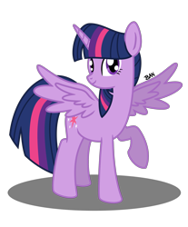 Size: 2273x2750 | Tagged: safe, artist:banquo0, imported from derpibooru, twilight sparkle, alicorn, pony, female, high res, horn, mare, raised hoof, shadow, simple background, smiling, solo, spread wings, transparent background, twilight sparkle (alicorn), wings