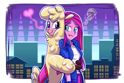 Size: 1800x1200 | Tagged: safe, artist:redahfuhrerking, imported from derpibooru, pinkie pie, alpaca, human, them's fightin' herds, equestria girls, annoyed, colored, community related, complex background, crossover, heart, hug, humanized, paprika (tfh), pinkamena diane pie