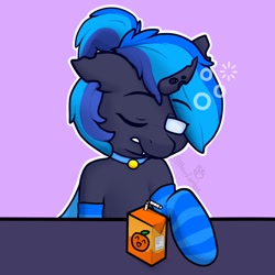 Size: 700x700 | Tagged: safe, artist:naivzombie, imported from derpibooru, oc, oc only, oc:♪, changeling, blue changeling, blue mane, clothes, collar, drunk, juice, one eye closed, orange juice, simple background, sleepy, socks, solo, striped socks