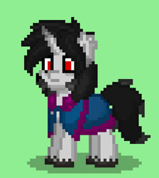 Size: 487x543 | Tagged: safe, artist:tough-fog, imported from derpibooru, oc, oc only, oc:tough fog, pony, unicorn, pony town, clothes, design, green background, horn, male, red eyes, shadow, simple background, stallion, unicorn oc, unshorn fetlocks