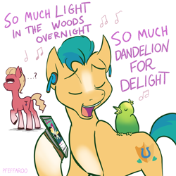 Size: 2048x2048 | Tagged: safe, artist:pfeffaroo, imported from derpibooru, hitch trailblazer, songbird serenade, sprout cloverleaf, bird, earth pony, pony, my little pony: the movie, cellphone, critter magnet, duo, earbuds, g5, high res, male, phone, rainbow (song), singing, smartphone, stallion