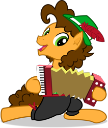 Size: 2412x2841 | Tagged: safe, artist:frownfactory, imported from derpibooru, cheese sandwich, earth pony, pony, pinkie pride, accordion, brown mane, clothes, ear fluff, feather, green eyes, hat, high res, lederhosen, male, musical instrument, oktoberfest, open mouth, open smile, shadow, simple background, smiling, solo, stallion, transparent background, vector