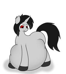 Size: 884x1002 | Tagged: safe, artist:piioniic, imported from derpibooru, oc, oc only, oc:tough fog, pony, unicorn, belly, belly on floor, big belly, colored hooves, ear fluff, horn, huge belly, implied vore, large belly, male, red eyes, shadow, simple background, smiling, solo, stallion, transparent background, unicorn oc, vore