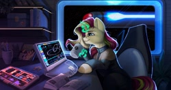 Size: 2541x1339 | Tagged: safe, artist:amishy, imported from derpibooru, sunset shimmer, pony, unicorn, fanfic:star trek: phoenix, equestria girls, clothes, fanfic art, magic, mug, solo, star trek, tablet, telekinesis, uniform, window