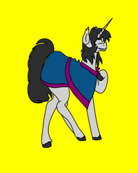 Size: 800x1000 | Tagged: safe, artist:tough-fog, imported from derpibooru, oc, oc only, oc:tough fog, pony, unicorn, clothes, cocky, digital art, ear tufts, hoof on chest, horn, male, simple background, stallion, unicorn oc, yellow background