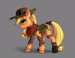 Size: 2600x2020 | Tagged: safe, artist:zetamad, imported from derpibooru, applejack, earth pony, pony, alternate clothes, clothes, ear fluff, female, freckles, gray background, green eyes, high res, hoof fluff, leg fluff, mare, saddle, shadow, simple background, solo, standing, unshorn fetlocks
