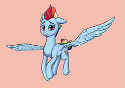 Size: 4093x2894 | Tagged: safe, artist:koshakevich, imported from derpibooru, rainbow dash, pegasus, pony, the last problem, female, flying, high res, looking at you, mare, older, older rainbow dash, one ear down, pink background, simple background, smiling, solo, spread wings, wings
