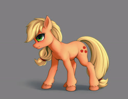 Size: 2600x2020 | Tagged: safe, alternate version, artist:zetamad, imported from derpibooru, applejack, earth pony, pony, ear fluff, female, freckles, gray background, green eyes, hatless, high res, hoof fluff, leg fluff, mare, missing accessory, shadow, simple background, solo, standing, unshorn fetlocks