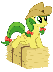 Size: 5603x7592 | Tagged: safe, artist:third uncle, edit, imported from derpibooru, apple fritter, earth pony, pony, absurd resolution, apple family member, bow, cowboy hat, cute, female, fritterbetes, green eyes, grin, hair bow, hat, hay bale, mare, pose, simple background, smiling, tail bow, transparent background