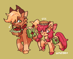 Size: 726x589 | Tagged: safe, artist:demiistar, imported from derpibooru, apple bloom, applejack, earth pony, pony, apple, apple sisters, bag, basket, brown background, female, filly, food, mare, mouth hold, on head, pie, saddle bag, siblings, simple background, sisters, unshorn fetlocks