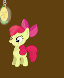 Size: 559x676 | Tagged: safe, artist:oatmealareyoucrazyy, imported from derpibooru, apple bloom, earth pony, pony, apple bloom's bow, bow, brown background, evil, female, filly, grin, hair bow, lantern, orange eyes, simple background, smiling, solo, standing