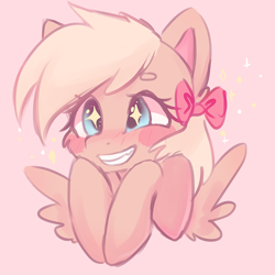 Size: 800x800 | Tagged: safe, artist:valeria_fills, imported from derpibooru, oc, oc only, pegasus, blush sticker, blushing, bow, bust, cheek fluff, hair bow, happy, hooves together, pink background, simple background, smiling, solo, spread wings, starry eyes, wingding eyes, wings