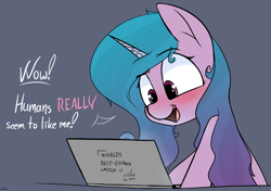 Size: 2771x1949 | Tagged: safe, artist:pinkberry, imported from derpibooru, izzy moonbow, pony, unicorn, blushing, computer, female, g5, implied porn, laptop computer, simple background, solo, speech, talking, text