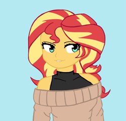 Size: 1601x1536 | Tagged: safe, artist:artevi, imported from derpibooru, sunset shimmer, equestria girls, blue background, clothes, female, simple background, solo, sweater