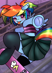 Size: 2480x3508 | Tagged: safe, artist:anykoe, imported from derpibooru, rainbow dash, human, pegasus, semi-anthro, ;p, blushing, clothes, cooler, dock, ear piercing, frog (hoof), heart eyes, high res, humanized, long socks, midriff, one eye closed, piercing, pigtails, short shirt, skateboard, skirt, socks, solo, tail, tanktop, thigh highs, tongue out, tongue piercing, underhoof, wingding eyes