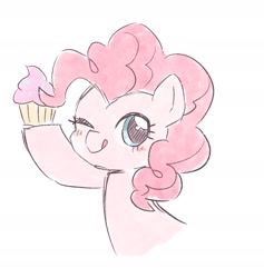 Size: 1688x1782 | Tagged: safe, artist:ginmaruxx, imported from derpibooru, pinkie pie, earth pony, pony, ;p, blushing, cupcake, food, one eye closed, solo, tongue out