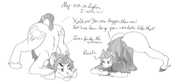 Size: 2965x1370 | Tagged: safe, artist:tough-fog, imported from derpibooru, oc, oc:mystic figure, oc:tough fog, earth pony, pony, unicorn, black and white, dialogue, digital art, face down ass up, grayscale, jack-o challenge, meme, monochrome, original character do not steal, rule 63, unshorn fetlocks
