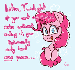 Size: 1500x1394 | Tagged: safe, artist:lou, imported from derpibooru, pinkie pie, earth pony, pony, dialogue, implied twilight sparkle, offscreen character, solo