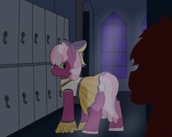 Size: 1000x800 | Tagged: safe, alternate version, artist:schumette14, imported from derpibooru, cheerilee, earth pony, pony, butt, cheerileeder, cheerleader, clothes, flowerbutt, locker room, lockers, looking back, panties, plot, underwear