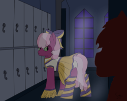 Size: 1000x800 | Tagged: safe, alternate version, artist:schumette14, imported from derpibooru, cheerilee, earth pony, pony, butt, cheerileeder, cheerleader, clothes, flowerbutt, locker room, lockers, looking back, night, panties, plot, socks, striped socks, underwear