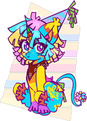 Size: 845x1173 | Tagged: safe, artist:ube, artist:ubebreb, imported from derpibooru, oc, oc:batter-up, hybrid, piñata pony, pony, unicorn, bandana, colorful, confetti, doodle, hat, neon, neon colors, party hat, piñata, simple background, solo