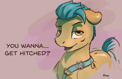 Size: 1328x859 | Tagged: safe, artist:kam, imported from derpibooru, hitch trailblazer, earth pony, pony, bedroom eyes, dialogue, floppy ears, g5, looking at you, male, open mouth, open smile, pickup lines, pun, smiling, solo, stallion, talking to viewer, text