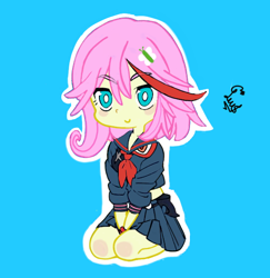 Size: 546x562 | Tagged: safe, artist:flutteryaylove, edit, imported from derpibooru, fluttershy, equestria girls, anime, blue background, crossover, cute, daaaaaaaaaaaw, female, kill la kill, ryuko matoi, senketsu, shyabetes, simple background, solo