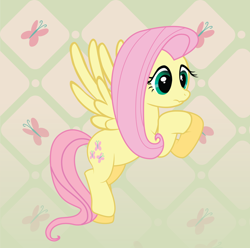 Size: 1600x1590 | Tagged: safe, artist:spectty, imported from derpibooru, fluttershy, pegasus, pony, abstract background, cute, cutie mark background, female, hooves together, mare, scrunchy face, shyabetes, solo, spread wings, three quarter view, wings