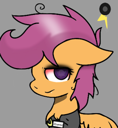 Size: 348x378 | Tagged: safe, artist:taeko, imported from derpibooru, scootaloo, pony, fanfic:pegasus device, fanfic:rainbow factory, absentia, absentia's cutie mark, alternate cutie mark, alternate ending, alternate universe, bad shading, black eyeshadow, bloodshot eyes, chest fluff, clothes, curly mane, evil, evil scootaloo, eviloo, eyeshadow, factory scootaloo, fanart, fanfic art, female, filly, floppy ears, frown, good end?, gray background, hoodie, looking at you, makeup, mare, messy mane, name tag, purple eye, purple eyes, purple mane, rainbow factory logo, rainbow factory scootaloo, rainbow factory worker, rainbow factory worker scootaloo, simple background, small wings, solo, wings, zipper