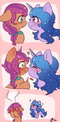 Size: 1077x2187 | Tagged: safe, artist:yilo, imported from derpibooru, izzy moonbow, sunny starscout, earth pony, pony, unicorn, :3, blushing, boop, cute, duo, embarrassed, female, g5, izzybetes, izzyscout, kissing, lesbian, mare, noseboop, shipping, sunnybetes, that was fast