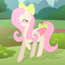 Size: 1200x1200 | Tagged: safe, artist:elisabetstarsparkle, imported from derpibooru, oc, oc only, pegasus, pony, blushing, bow, colored wings, eyes closed, female, hair bow, mare, not fluttershy, offspring, parent:big macintosh, parent:fluttershy, parents:fluttermac, raised hoof, tail, tail bow, wings