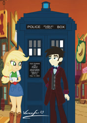 Size: 1280x1803 | Tagged: safe, artist:gmaplay, artist:selenaede, artist:vanossfan10, imported from derpibooru, applejack, oc, oc:the silversmith, equestria girls, applejack's hat, appleloosa, bowtie, cowboy hat, doctor who, hat, shop, tardis, timelord