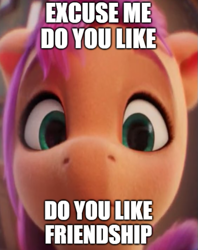 Size: 483x610 | Tagged: safe, edit, edited screencap, imported from derpibooru, screencap, sunny starscout, earth pony, pony, spoiler:my little pony: a new generation, 3d, caption, eye contact, female, g5, looking at each other, mare, meme, my little pony: a new generation, solo, text