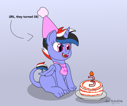 Size: 3633x3030 | Tagged: safe, artist:lynnthenerdkitty, imported from derpibooru, oc, oc only, oc:frema, hybrid, pony, birthday cake, cake, eye clipping through hair, food, gradient background, high res, open mouth, open smile, smiling