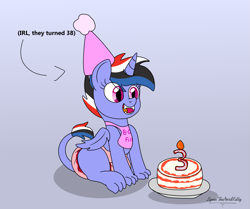 Size: 3633x3030 | Tagged: safe, artist:lynnthenerdkitty, imported from derpibooru, oc, oc only, oc:frema, hybrid, pony, birthday cake, cake, diaper, eye clipping through hair, food, gradient background, high res, open mouth, open smile, smiling, solo