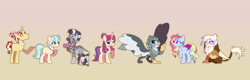 Size: 3051x982 | Tagged: safe, artist:elf-hollow, imported from derpibooru, coco pommel, flim, gabby, gilda, moondancer, rainbow dash, zecora, earth pony, griffon, pegasus, pony, unicorn, zebra, alternate mane six, alternate universe, eyes closed, open mouth, open smile, smiling