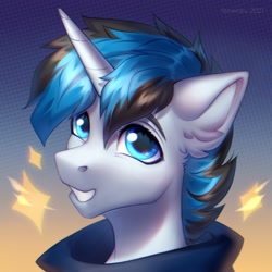 Size: 2000x2000 | Tagged: safe, artist:fenwaru, imported from derpibooru, oc, oc only, oc:solar gizmo, pony, unicorn, grin, high res, horn, looking at you, male, smiling, smiling at you, solo, stallion, unicorn oc